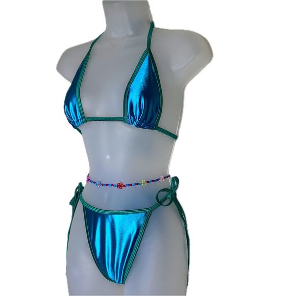 New Large Triangle Bikini with Waist Beads Charms Contrast Trim Micro Mini Beach - Picture 2 of 5